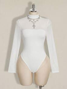 SHEIN ICON Plus Size Mesh Patchwork Y2K Sexy Bodysuit - White - View 1
