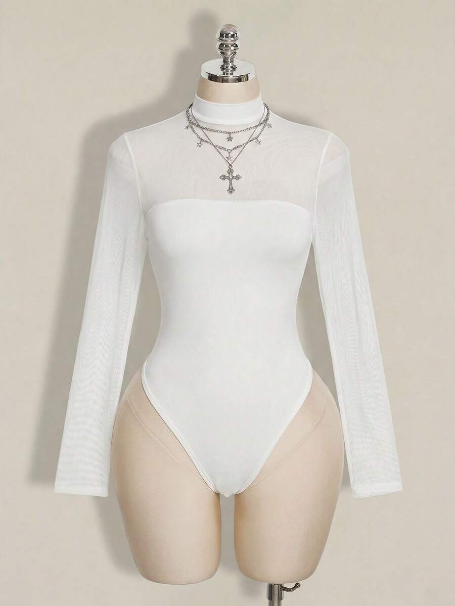 SHEIN ICON Plus Size Mesh Patchwork Y2K Sexy Bodysuit - White - View 1
