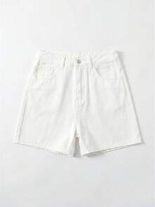 SHEIN EZwear 女款休閒百搭牛仔短褲，附口袋與鈕扣，適合日常出遊 - 白色 - 查看 3