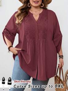 SHEIN CURVE+ 大尺碼 US22 音樂節海邊度假波西米亞休閒純色蕾絲拼接前扣寬鬆襯衫 - 酒紅色 - 查看 9