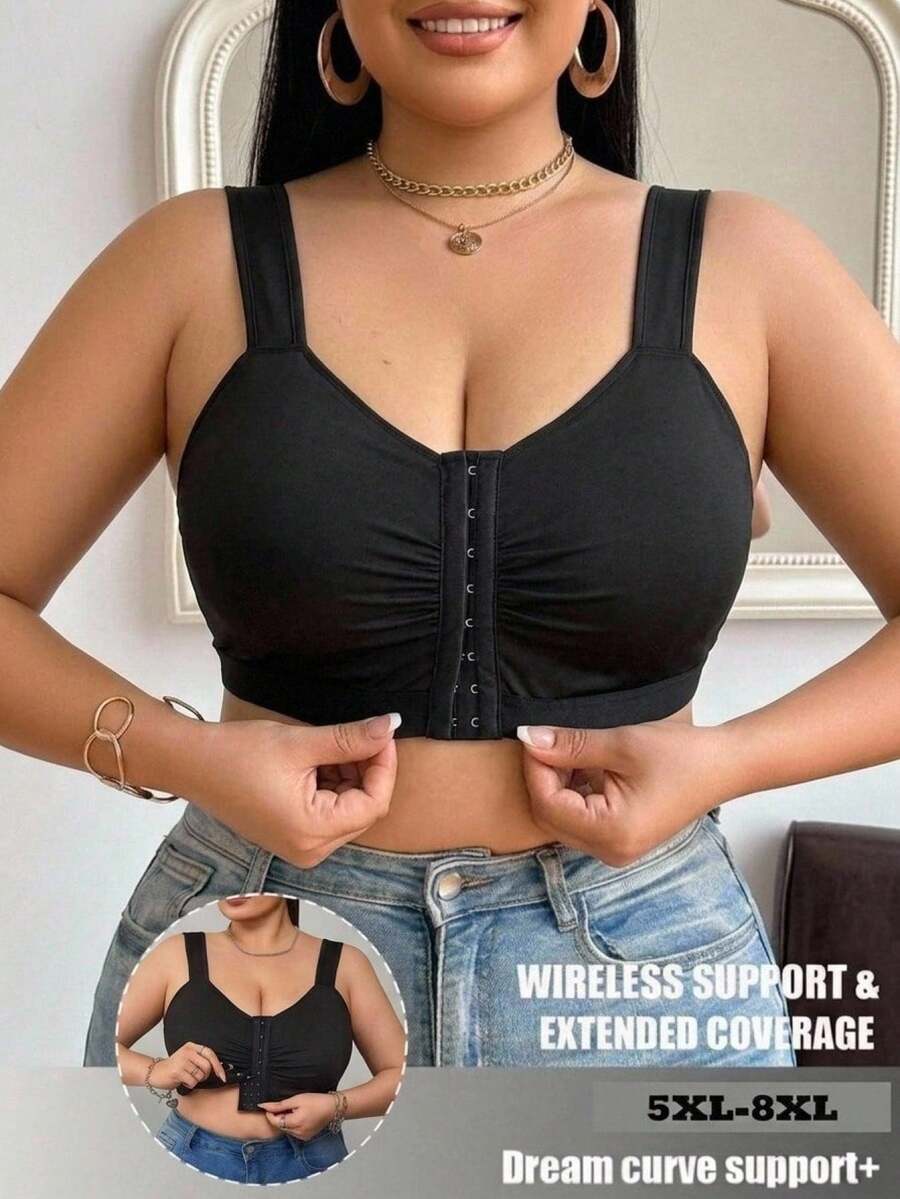 SHEIN CURVE+ 大码女式夏季休闲日常通勤简约纯色褶皱胸前三扣短款宽松背心 - 黑色 - 查看 1