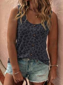 EMERY ROSE New Plus Size Women's Fashion Casual Versatile Leopard Print Button U-Neck Tank Top - Multicolor - View 4