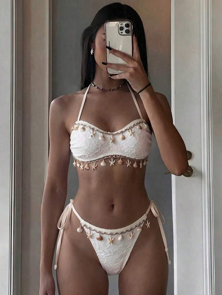 Swim Mod 女款夏季海灘度假紋理面料貝殼裝飾掛脖綁背性感比基尼套裝 - 杏色 - 查看 1