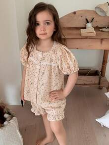 DAZY Round Neck Ditsy Floral Short Sleeve Top + Shorts Set For Young Girls Loungewear Summer - Khaki - View 4
