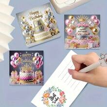 6入組DIY鑽石畫生日賀卡套裝附信封，浪漫粉色蛋糕與氣球主題明信片，獨特手工生日祝福卡，適合長輩家人朋友，表達愛意與溫馨情懷的完美禮物 - 彩色 - 查看 2