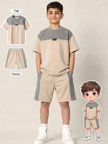 2pcs Tween Boy Casual College Contrast Color Crew Neck Pullover Short Sleeve T-Shirt & Shorts Set Khaki Suitable For Commuting School Outings Sports Holiday Party Vacation Spring Summer - Multicolor - View 4