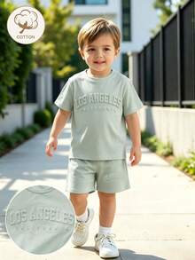SHEIN Genkimix Kids 两件套男童夏季时尚休闲运动圆领压花字母短袖T恤+运动休闲短裤套装，适合日常外出、上学、休闲、购物、度假、用餐等场合，是夏季的理想之选。 - 綠色 - 查看 3
