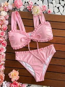 Swim Mod Girls Sweet 2pcs Floral Random Print Wide Strap Tie-Front Triangle Bikini Swimsuit Set - Pink - View 3