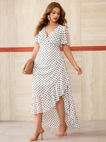 Roveilla Plus Size V-Neck Chiffon Floral Print Ruffle Sleeve Pleated Slit Ruffle Hem Flowy Elegant Vintage Vacation Party Midi Dress - White - View 4