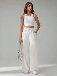 SHEIN Tall CURVE Plus Size Solid Color Elastic Waist Drawstring Tie Loose Pants Fall - White - View 7