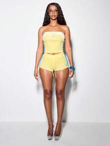 BABYPHAT Top court bandeau sans bretelles en velours avec liseré contrasté et imprimé logo pour les vacances d'été - Jaune citron - Voir 3