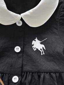 SHEIN 女嬰休閒時尚學院風清新條紋泡泡袖短袖襯衫洋裝，適合春夏外出、日常穿著、上學 - 藏蓝色 - 查看 4