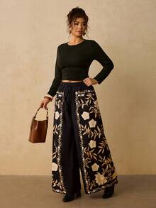 Levarali Plus Size Tropical Vacation Style Boho Wide Leg Casual Long Pants Vacation Black Autumn - Black - View 5