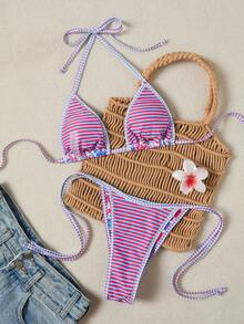 Swim Mod 女款休閒度假海灘碎花比基尼兩件套 - 紫色 - 查看 5