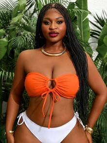 Slaydiva 2026 New Summer Vacation Orange Bandeau Drawstring Plus Size Swimsuit Top Beach Vacation Vacation - Orange - View 6