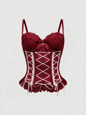 Kawaii Camisola tipo bustier con cordones cruzados y lazo para mujer