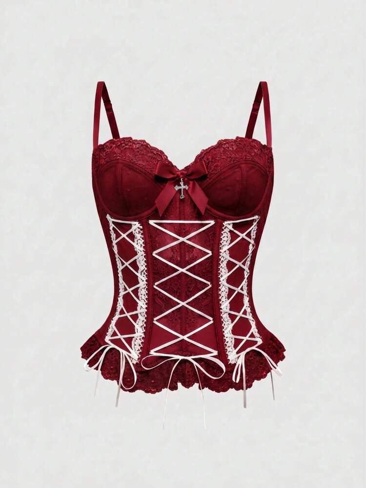 ROMWE Kawaii PUNK Lace Cross Bowknot Tie Corset Camisole Tank Top