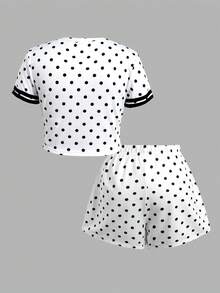 SHEIN 青少年女孩休閒日常基本款圓領黑白波點修身T恤上衣與短褲套裝 - 黑與白 - 查看 6