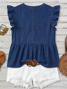 EMERY ROSE EMERY ROSE Blusa de mezclilla versátil con botones y puños con volantes para mujer de talla grande - Azul - Ver 2