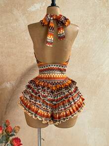 Soleia Mono de mujer estilo vacaciones de playa con cuello halter, lazo, multicapa, patrón bohemio de rayas geométricas y fruncido - Multicolor - Ver 2