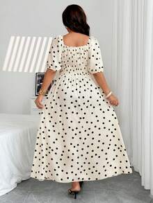 Vionelle Plus Size Vintage Polka Dot Puff Sleeve Hollow Out Split Dress - Apricot - View 2