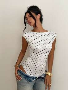 Aloruh Women's Elegant Off-Shoulder Backless Fitted Polka Dot Short Sleeve Bodysuit - Multicolor - View 2