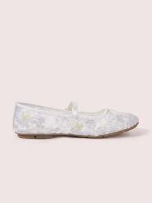 CUCCOO DOLLMOD 女鞋，可愛圓頭輕字母印花，花卉刺繡網面鞋面，金屬扣帶平底瑪麗珍鞋 - 丁香花-紫 - 查看 3
