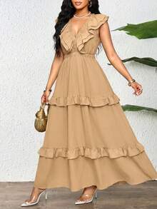 SHEIN Lady Vestido casual de vacaciones para mujer con dobladillo de volantes de unicolor - Caqui - Ver 3
