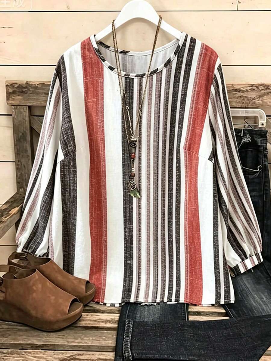 Linhara Plus Size Vacation Casual Colorblock Striped Lantern Sleeve Shirt - Multicolor - View 1