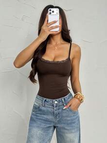SHEIN PETITE 女款蕾絲飾邊細肩帶連身內衣 - 棕色 - 查看 5