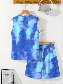 Tween Boy Casual Simple Fashion Versatile Tie-Dye Vacation Style Beach Leisure Sporty Loose Soft Comfortable Tank Top & Shorts 2pcs Set Suitable For Spring And Summer - White - View 3