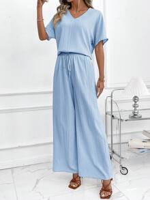 SHEIN Clasi 女款優雅簡約休閒V領上衣寬腿褲葉子印花兩件套度假淺藍色夏季 - 淺藍色 - 查看 6