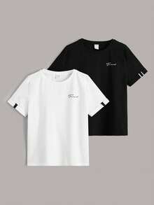 Tween Boy 2pcs Letter Graphic Tape Detail Tee, School, Campus, College,Kids - Black and White - View 1
