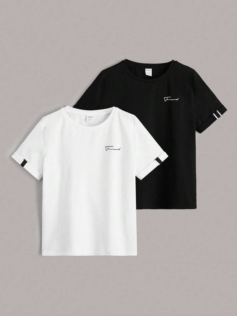 Tween Boy 2pcs Letter Graphic Tape Detail Tee, School, Campus, College,Kids - Black and White - View 1