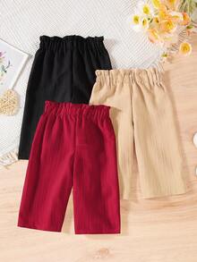 SHEIN Vintaside Kids 3-Piece Set Solid Color Baby Girl Casual Comfortable Versatile Button Wide-Leg Pants, Suitable For Daily Wear In Spring And Autumn, Outdoor - Multicolor - View 2