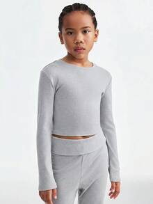 SHEIN Tween Girls Spring/Summer Basic Knit Stretchy Grey Fitted Long Sleeve T-Shirt&Flare Pants,Casual Loungewear,Mom And Daughter Outfits - Grey - View 6