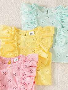 SHEIN Playful Pals 3件組彩色心形條紋印花荷葉邊圓領套頭T恤上衣，舒適柔軟休閒可愛春夏季新款 - 彩色 - 查看 5