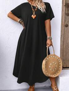 SHEIN LUNE CURVE Plus Size Round Neck Short Sleeve Solid Color Long Dress Maxi Women Outfit - Black - View 5