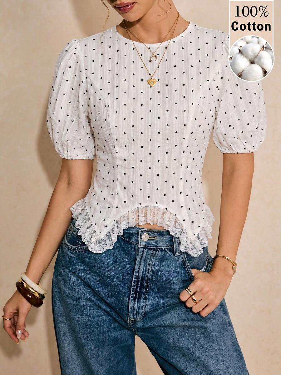 Poéselle 100%純棉小圓點印花優雅通勤女襯衫 - 白色 - 查看 1