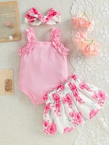 SHEIN Vintaside Kids 新生兒純色荷葉邊飾連身衣與蝴蝶結裝飾花卉印花裙子及髮帶套裝，適合四季日常穿著、外出、度假與玩耍 - 淺粉色 - 查看 2