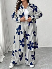 Elenzga Plus Size Digital Print Fabric Lapel Regular Long Sleeve Long Shirt And Loose Straight Leg Pants Casual Outing Commute Two Pieces Set - Multicolor - View 7