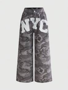 ROMWE 春夏 Y2K 辣妹街頭風 側邊 NYC 印花 破洞水洗 超低腰 寬鬆直筒 迷彩牛仔褲 - 灰色 - 查看 4
