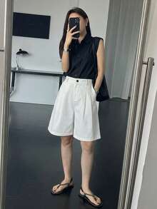 DAZY 女款商務休閒口袋鈕扣膝長褲 - 白色 - 查看 4