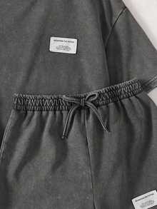 SHEIN Tween Girl Casual Summer Round Neck Short Sleeve Loose T-Shirt + Straight Leg Shorts Gray Distressed Washed Loose Set - Light Grey - View 3