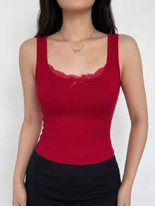 DAZY 女款方領短袖修身 T-shirt 夏季 - 紅色 - 查看 5