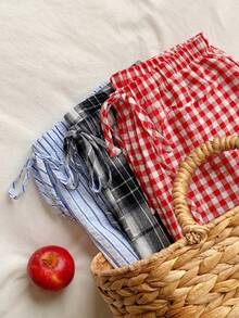 Comfortcana Setelan 3 Potong Celana Pendek Kasual Musim Panas Wanita Motif Kotak-kotak & Garis-garis - MultiWarna - View 9