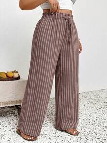 SHEIN Frenchy Plus Size Women's Drawstring Waist Striped Patchwork Casual Versatile Daily Outing Long Pants Fall - Coffee Brown - View 3