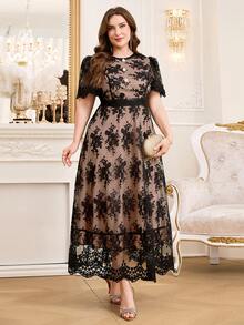 Reflora Plus Size Lace Patchwork Round Neck Elegant Short Sleeve Dress - Black - View 9