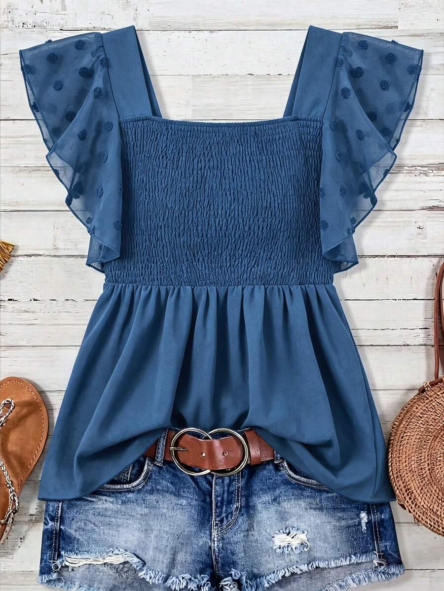 SHEIN CURVE+ 大码女式方领短袖修身休闲衬衫 - 藍色 - 查看 1