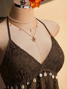 SHEIN ICON Plus Size Knitted Halter Shell Tassel Decor Babydoll Backless Camisole - Brown - View 4